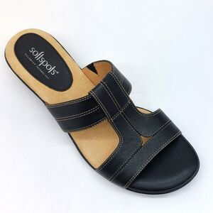 Softspots Pillowtop Sandals 7.5 M Black Leather Strappy Heel Slip-Ons Comfort